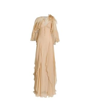 Alberta Ferretti Flowing Maxi Dress With Sheer Overlay And Ruffled Edges - Natural