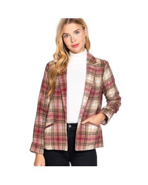 Fashnzfab Notched Collar Plaid Jacket - Natural