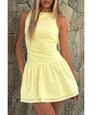 TRUEDAMES Boat Neck Sleeveless Ruched Ruffle Hem Mini Dress - Yellow