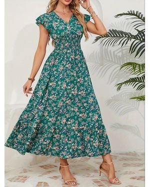 TRUEDAMES Printed French Dress Floral Dress - Green