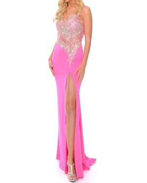 Precious Formals Beaded Mesh Stretch Crepe Evening Gown - Pink