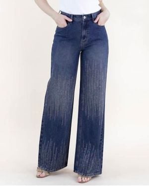 Original USA Square Rhinestone Lines Embellished High Rise Wide Leg Jeans Plus - Blue