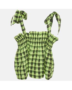 Ganni Neon/ Checks Cotton Blend Shirring Top - Green