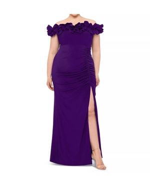 Xscape Ruffled Off-The-Shoulder Long Sheath Dress - Purple