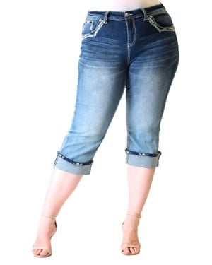 Grace In La Cropped Embroidered Bling Stretch Cuffed Capri Jeans - Blue