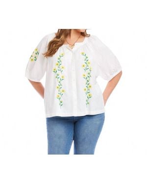 Karen Kane Puff Sleeve Embroidered Peasant Top - White