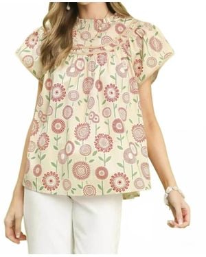 Umgee Retro Floral Smocked Babydoll Blouse - Natural