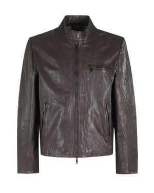 Seventy Round Neck Flap Pocket Leather Jacket - Black
