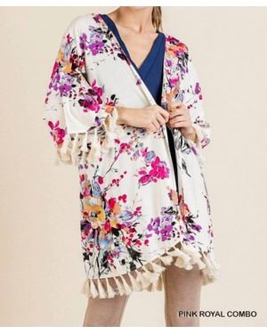 Umgee Floral Frayed Tassel Kimono - Pink
