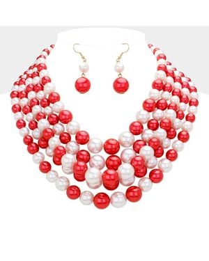 Fashnzfab Pearl Multi Strand Bib Necklace - Red