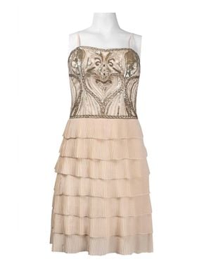 Sue Wong Spaghetti Strap Beaded Accordion Dress - Natural