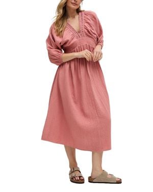 Raffya Soipoi Ruched V-Neck Midi Dress - Red