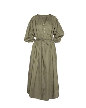 Lilla P Woven Slub Split Neck Belted Maxi Dress - Green