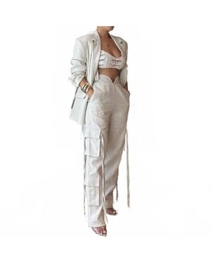 FurDecoration Loose Fit Suit With Flowy Belted Pants - Natural