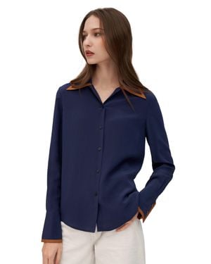 LILYSILK Contrast Piping Silk Willow Shirt For - Blue