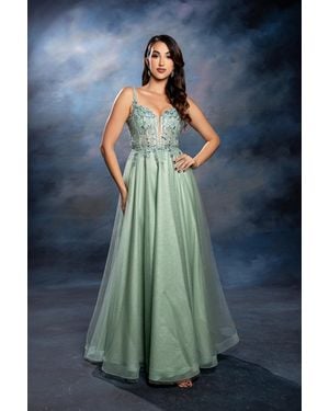 TRUEDAMES Elegant Lace Corset A-Line Tulle Evening Dress With Spaghetti Straps - Blue