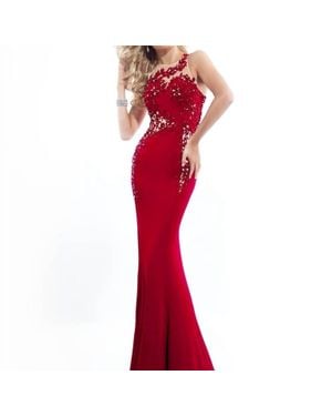 Rachel Allan Lace Applique On A Fitted Jersey Prom Gown - Red