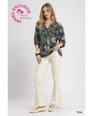 Umgee Boho Paisley Puff Sleeve Blouse - Green