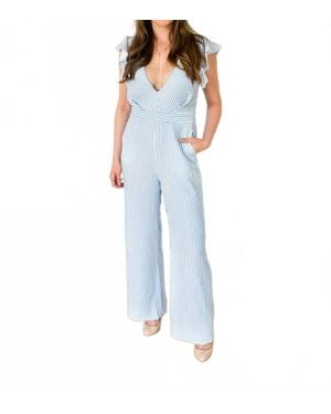 Fashion District LA Sail Away Ruffled Open Back Striped Jumpsuit - Blue