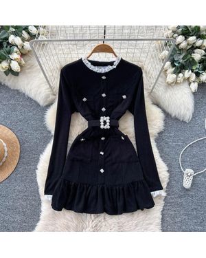 TRUEDAMES Pearl Buckle Lace Trim Dress Tie-Waist Peplum Hem Mini, Elegant Cocktail Shift - Blue