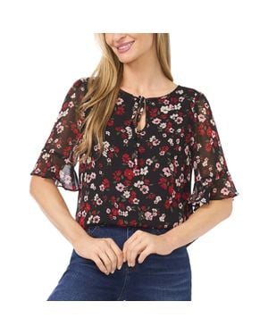 Cece Top Floral Tie Neck Ruffle Cuff Blouse Gbo3644 - Black