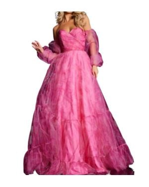 Jovani Off Shoulder Flounce Sleeve Prom Dress - Pink
