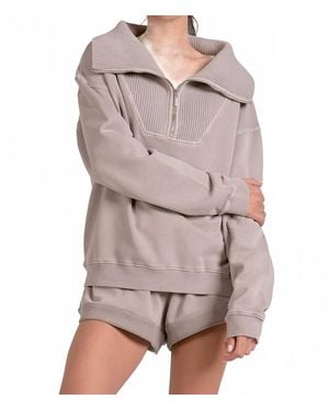 Elan Quarter Zip Oversized Collar Top - Gray