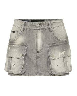 Philipp Plein Denim Cargo Mini Skirt - Gray