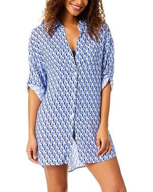 Anne Cole Mid Length Shirttail Button Down - Blue