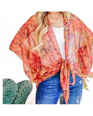 And The Why Boho Front Tie Knot Dolman Sleeve Oversized Print Kimono Top - Red