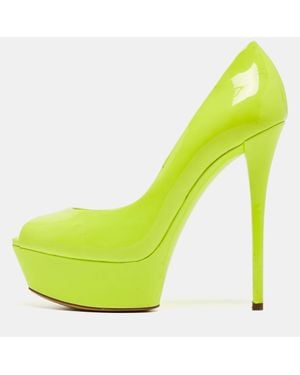 Casadei Lime Patent Leather Daisy Peep Toe Platform Pumps - Yellow