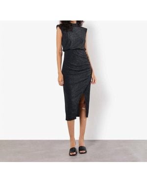 Apricot Sparkle Mock Neck Ruched Midi Dress - Black