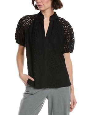 Cece Ruffle Neck Raglan Seam Split Neck Blouse - Black