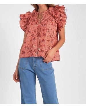 Elan Short Sleeve Tie Front Blouse - Blue