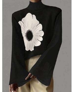 UZWholesale Flared Sleeves Flower Print High-Neck T-Shirts Top - Black