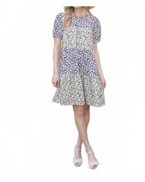 Voya Contrasting Floral Embroidered Tiered Dress - Blue