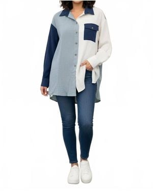 She + Sky Long Sleeve Gauze Color Block Shirt Top - Blue