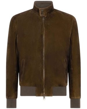 Boglioli Sleek Leather Bomber Jacket With Stand Collar And Minimalist Design - Brown