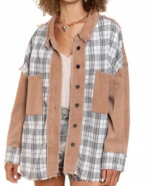 Pol Oversized Distressed Edge Detail Plaid Shacket - Brown