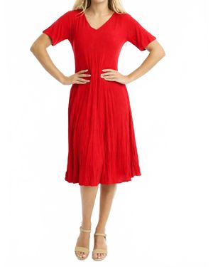 Orientique Essentials Rayon Dobby Short Sleeve Godet Dress - Red