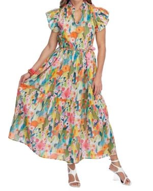 Elior Ruffle Neck Tiered Midi Dress - White