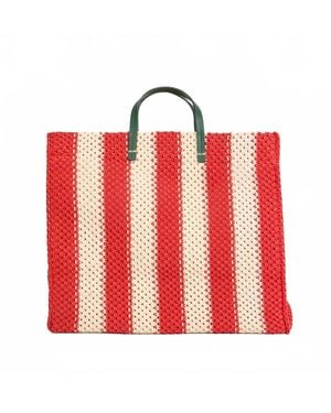 Clare V. Summer Simple Poppy Crochet Stripe Tote Bag - Red