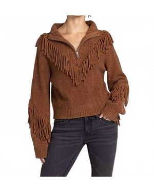 Miss Me Turtleneck 1/4 Zip With Fringe Top - Brown