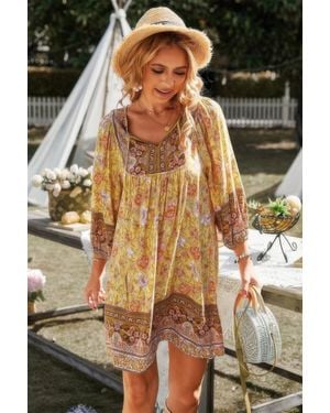 TRUEDAMES Floral V Neck Long Sleeve Boho A Line Dress - Black