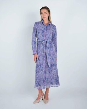 John Abgin Chiffon Abstract Belted Shirt Dress - Blue