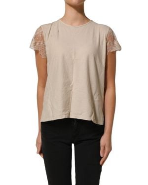 Pink Memories Cotton Lace Detailing Round Neck Top - Natural