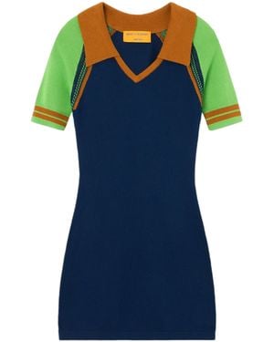 Guest In Residence Fitted Mini Dress With Contrasting Sleeves And V-Neckline - Blue