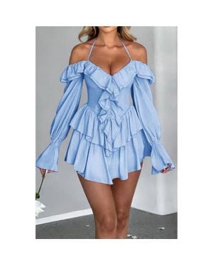 TRUEDAMES Off Shoulder Corset Ruffle Halter Mini Dress - Blue