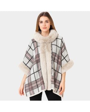TRUEDAMES Faux Fur Trim Plaid Check Cape Coat Poncho - Gray