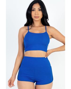 TRUEDAMES Ribbed Cami Crop Top & Ruched Shorts Set - Blue